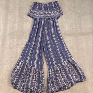 Japna Womens XS Navy Blue Floral Print Strapless Wide‎ Leg Ruffle Hem Jumpsuit